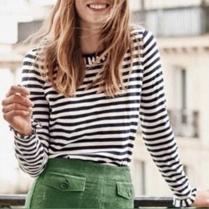 EUC, Boden Navy & White Striped Long Sleeve T Shirt, Ruffle Neck & Cuffs Size XL